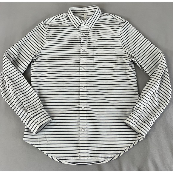 Lululemon Mens Long Sleeve Buttondown Large Oxford Raven Stripe White Navy - Picture 1 of 7